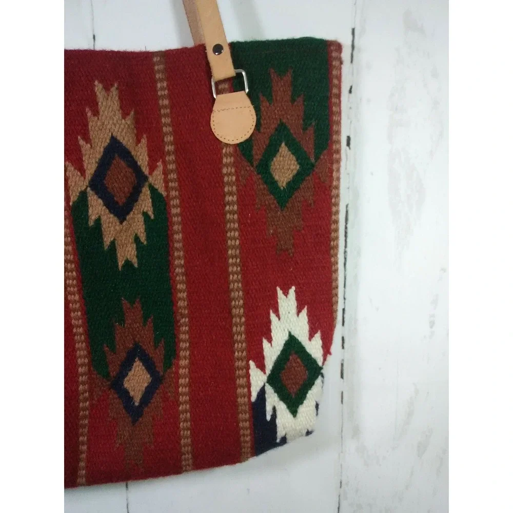 El Paso Saddle Blanket Wool Bag Southwestern Tote Boho‎ Hippie Leather Straps